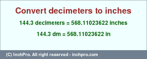 Result converting 144.3 decimeters to inches = 568.11023622 inches