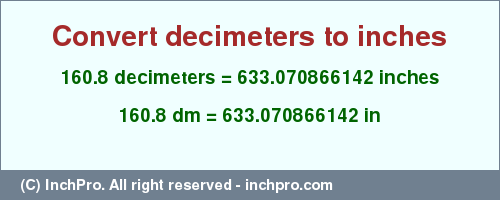 Result converting 160.8 decimeters to inches = 633.070866142 inches