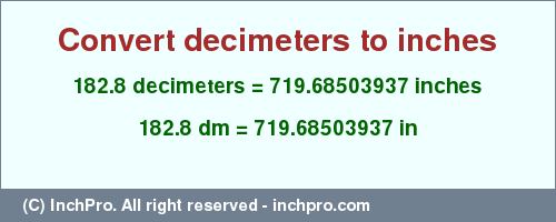 Result converting 182.8 decimeters to inches = 719.68503937 inches