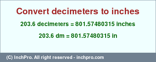 Result converting 203.6 decimeters to inches = 801.57480315 inches