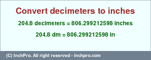 Result converting 204.8 decimeters to inches = 806.299212598 inches