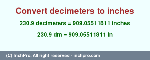 Result converting 230.9 decimeters to inches = 909.05511811 inches