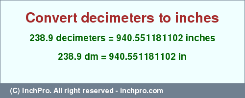 Result converting 238.9 decimeters to inches = 940.551181102 inches