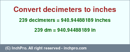 Result converting 239 decimeters to inches = 940.94488189 inches