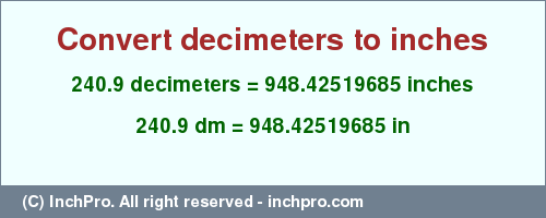 Result converting 240.9 decimeters to inches = 948.42519685 inches