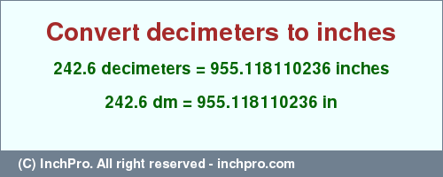 Result converting 242.6 decimeters to inches = 955.118110236 inches