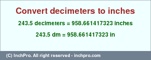 Result converting 243.5 decimeters to inches = 958.661417323 inches