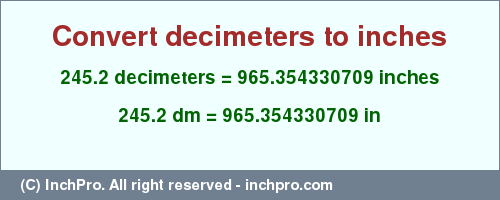 Result converting 245.2 decimeters to inches = 965.354330709 inches