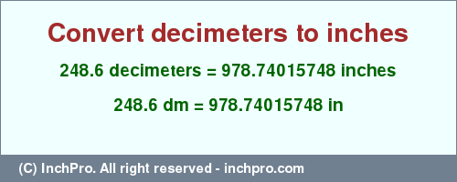 Result converting 248.6 decimeters to inches = 978.74015748 inches