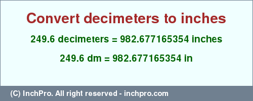 Result converting 249.6 decimeters to inches = 982.677165354 inches