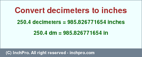 Result converting 250.4 decimeters to inches = 985.826771654 inches