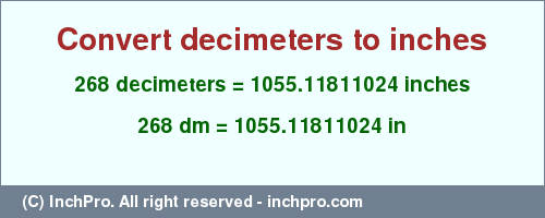 Result converting 268 decimeters to inches = 1055.11811024 inches