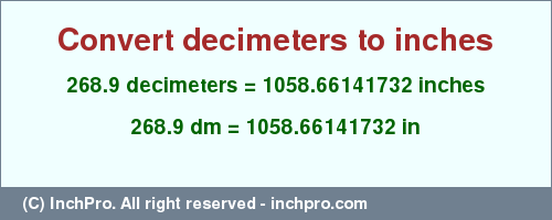 Result converting 268.9 decimeters to inches = 1058.66141732 inches