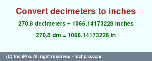 Result converting 270.8 decimeters to inches = 1066.14173228 inches