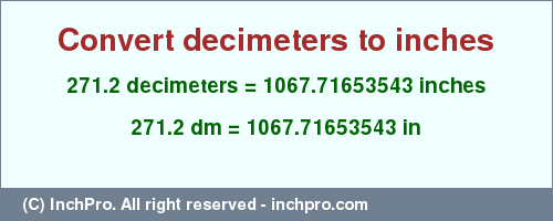 Result converting 271.2 decimeters to inches = 1067.71653543 inches