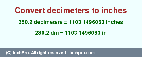 Result converting 280.2 decimeters to inches = 1103.1496063 inches