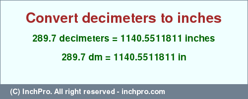 Result converting 289.7 decimeters to inches = 1140.5511811 inches