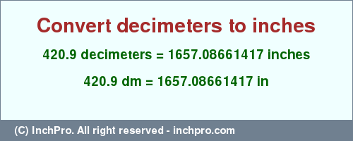 Result converting 420.9 decimeters to inches = 1657.08661417 inches
