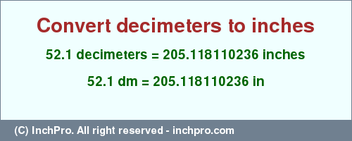 Result converting 52.1 decimeters to inches = 205.118110236 inches