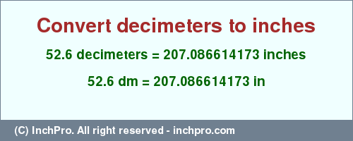 Result converting 52.6 decimeters to inches = 207.086614173 inches