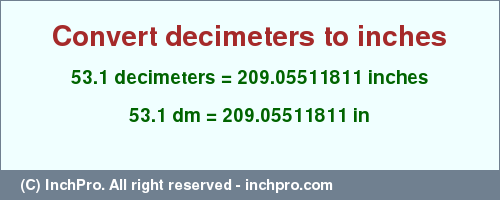 Result converting 53.1 decimeters to inches = 209.05511811 inches