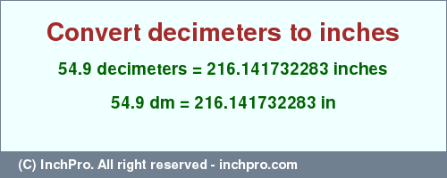 Result converting 54.9 decimeters to inches = 216.141732283 inches