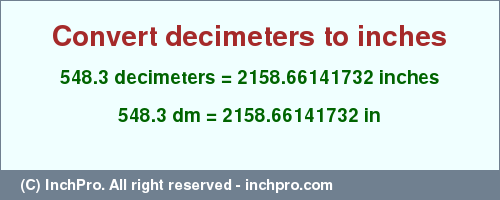 Result converting 548.3 decimeters to inches = 2158.66141732 inches