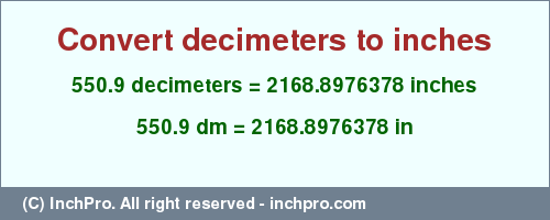 Result converting 550.9 decimeters to inches = 2168.8976378 inches
