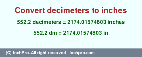 Result converting 552.2 decimeters to inches = 2174.01574803 inches