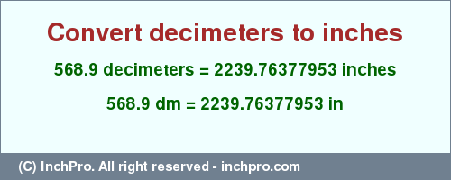 Result converting 568.9 decimeters to inches = 2239.76377953 inches