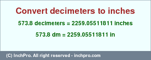 Result converting 573.8 decimeters to inches = 2259.05511811 inches