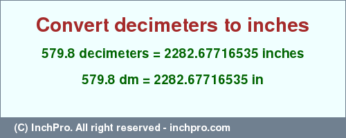 Result converting 579.8 decimeters to inches = 2282.67716535 inches
