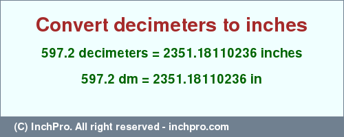 Result converting 597.2 decimeters to inches = 2351.18110236 inches