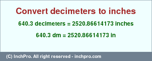 Result converting 640.3 decimeters to inches = 2520.86614173 inches