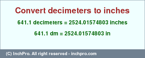 Result converting 641.1 decimeters to inches = 2524.01574803 inches