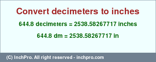 Result converting 644.8 decimeters to inches = 2538.58267717 inches