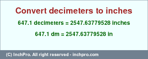 Result converting 647.1 decimeters to inches = 2547.63779528 inches