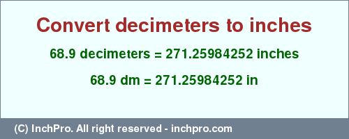 Result converting 68.9 decimeters to inches = 271.25984252 inches