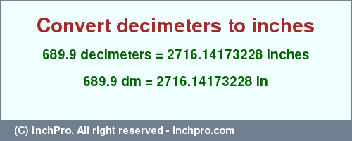 Result converting 689.9 decimeters to inches = 2716.14173228 inches