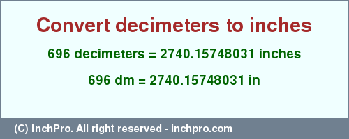 Result converting 696 decimeters to inches = 2740.15748031 inches