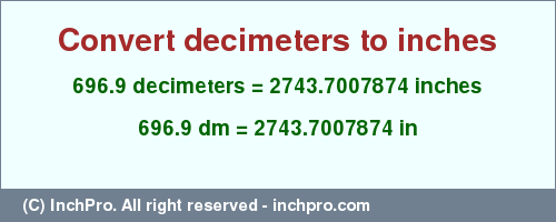 Result converting 696.9 decimeters to inches = 2743.7007874 inches