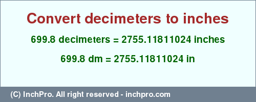 Result converting 699.8 decimeters to inches = 2755.11811024 inches