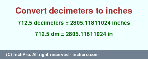 Result converting 712.5 decimeters to inches = 2805.11811024 inches