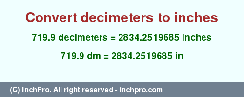 Result converting 719.9 decimeters to inches = 2834.2519685 inches