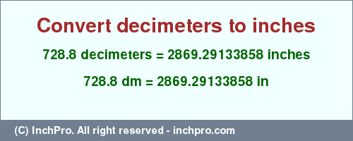 Result converting 728.8 decimeters to inches = 2869.29133858 inches