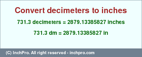 Result converting 731.3 decimeters to inches = 2879.13385827 inches