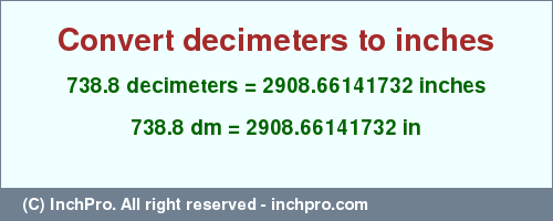Result converting 738.8 decimeters to inches = 2908.66141732 inches