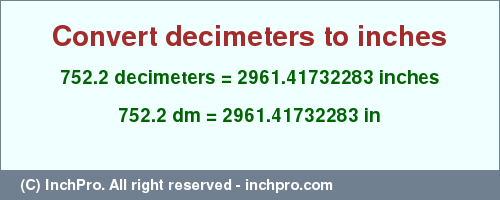 Result converting 752.2 decimeters to inches = 2961.41732283 inches