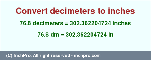 Result converting 76.8 decimeters to inches = 302.362204724 inches