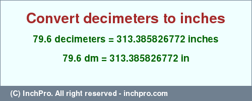 Result converting 79.6 decimeters to inches = 313.385826772 inches